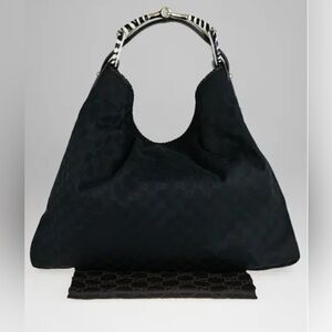 Gucci Black GG Fabric Chain Large Zebra Print Horsebit Hobo Bag